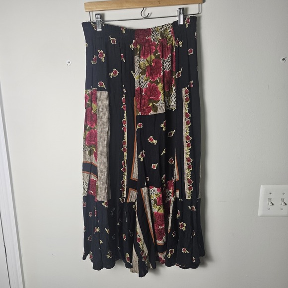 VTG Carole‎ Little 8 Maxi Skirt Pink Black Rose Patchwork Prink Crinkle Pull On - Picture 2 of 5